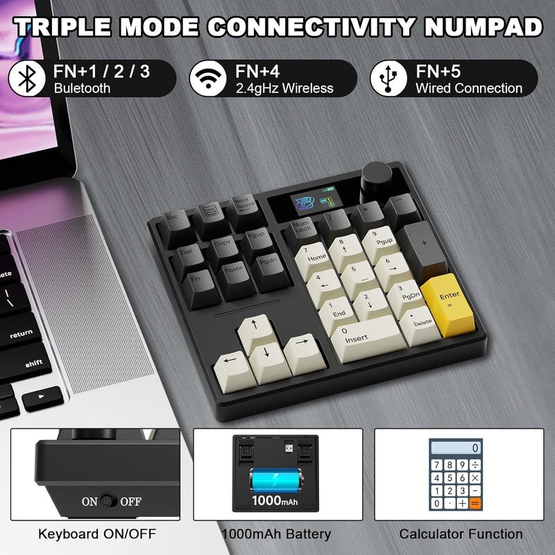 zMAX X BOYI TD31Pro Mechanical Number Pad,30 Keys Hot Swap Wireless BT5.0/2.4GHz/Type-C Wired Numeric Keypad Programmable RGB Gaming Numpad Keyboard with Knob Screen for Laptop/Mac (Black) - Image 3